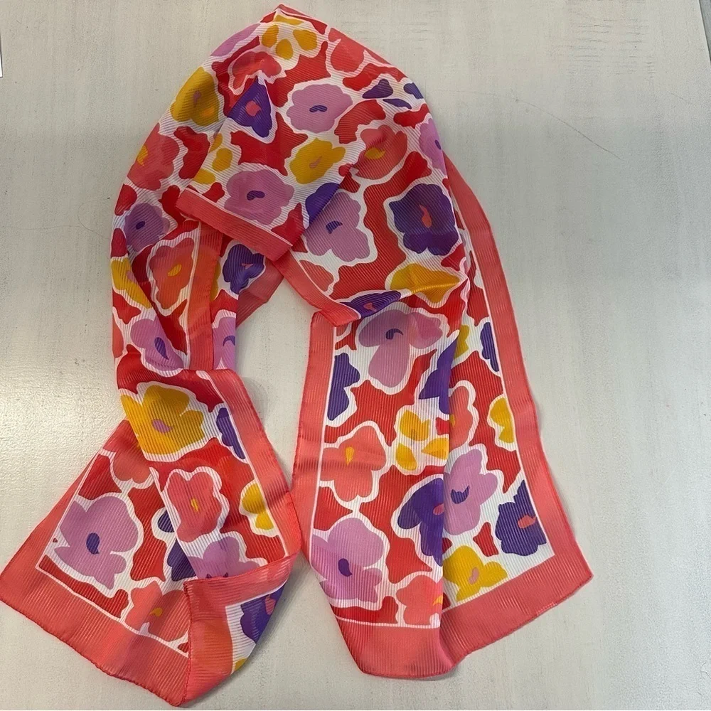 Women’s Pink, Purple, Gold & White Colorful Silk Chiffon Floral Scarf GUC